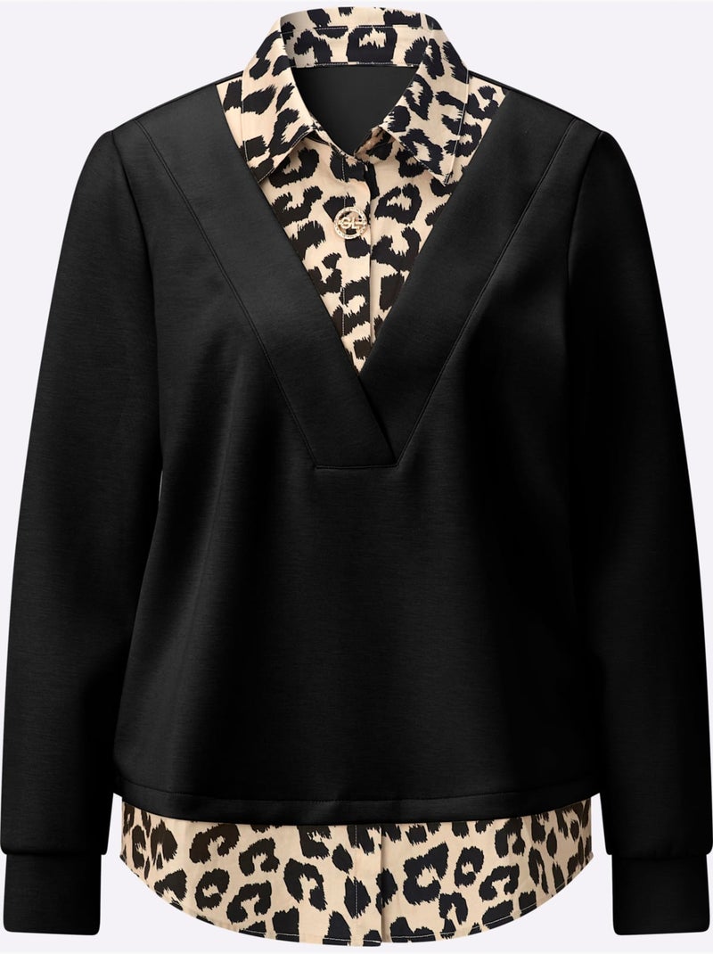 Sweatshirt Détails Léopard Décoratifs - Taille Standard - Helline Noir Jaune - Kiabi