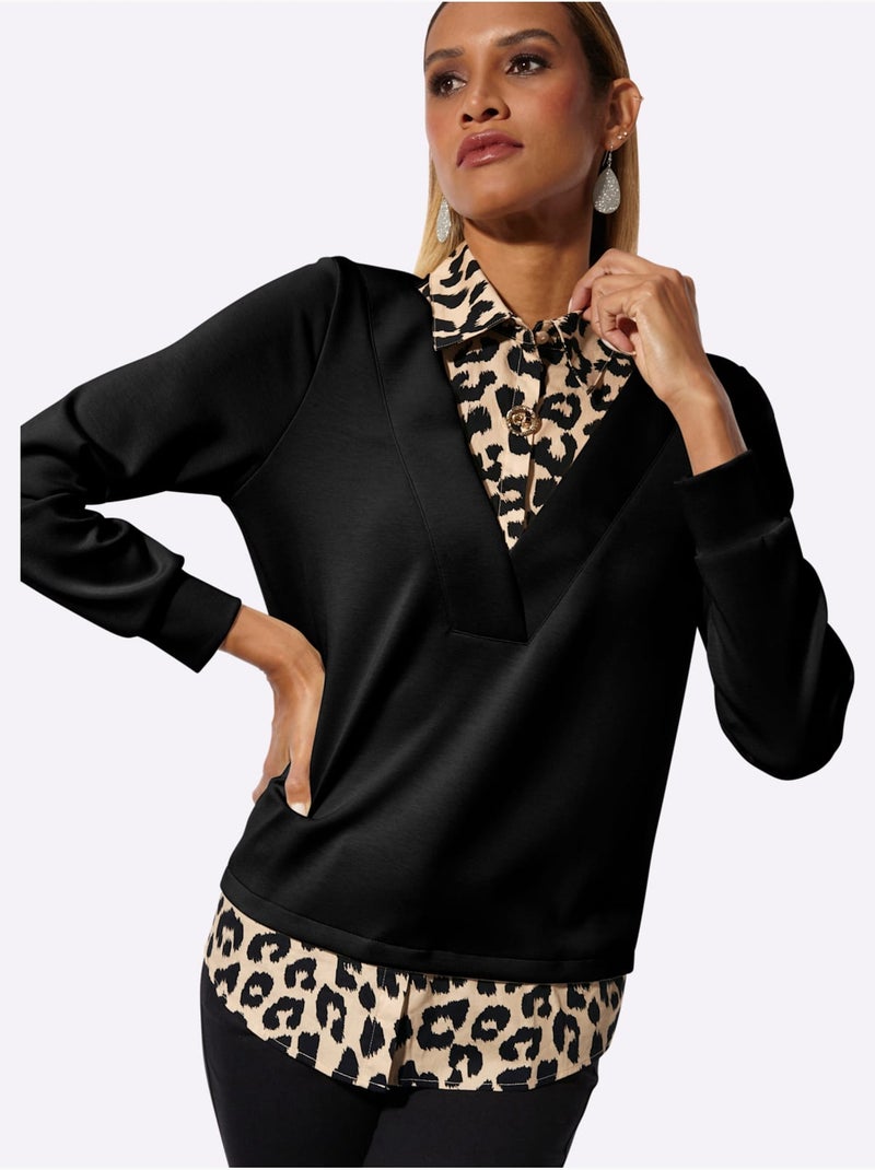 Sweatshirt Détails Léopard Décoratifs - Taille Standard - Helline Noir Jaune - Kiabi