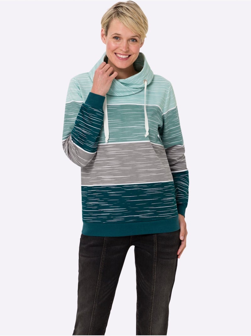 Sweatshirt en coton avec col roulé et rayures sportives - taille standard - moda vilona Gris Vert - Kiabi
