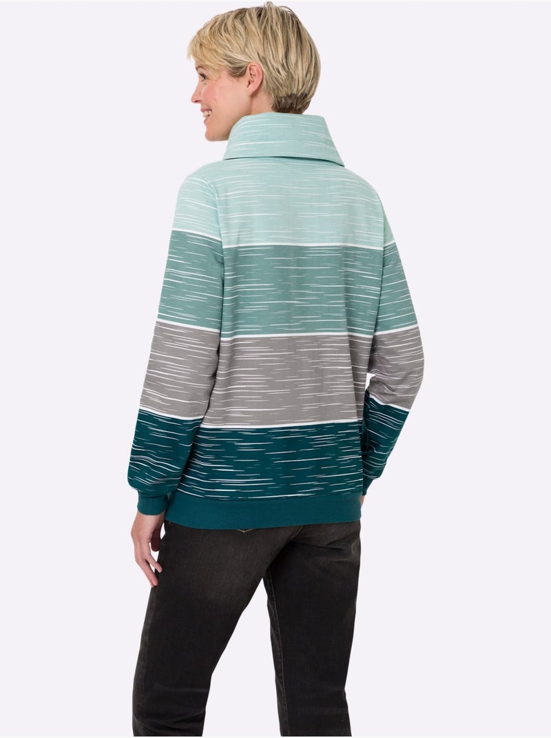 Sweatshirt en coton avec col roulé et rayures sportives - taille standard - moda vilona Gris Vert - Kiabi