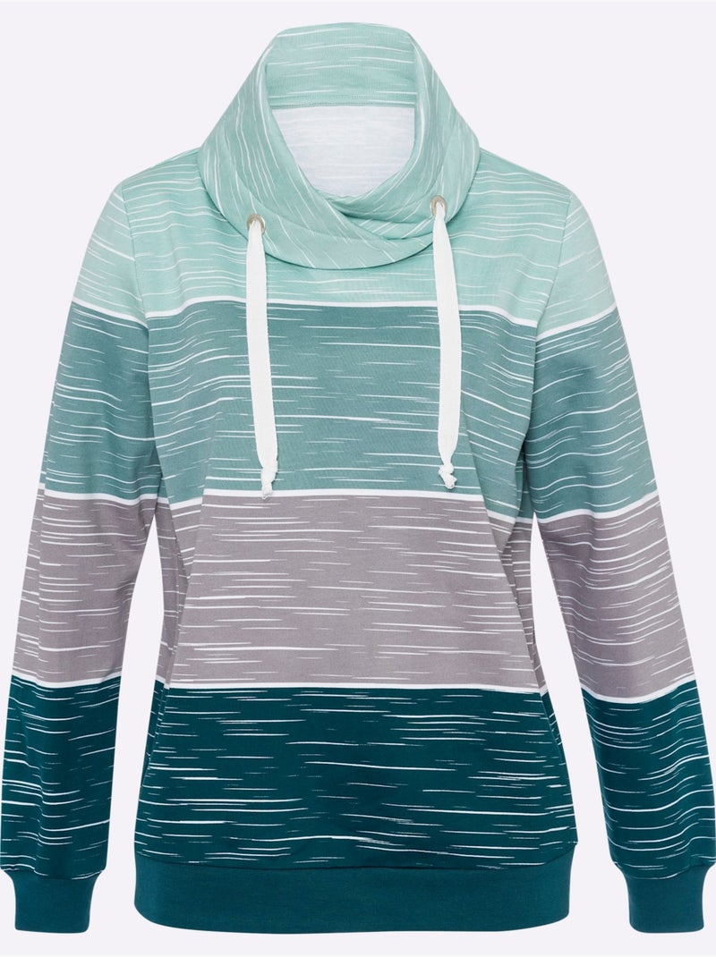 Sweatshirt en coton avec col roulé et rayures sportives - taille standard - moda vilona Gris Vert - Kiabi