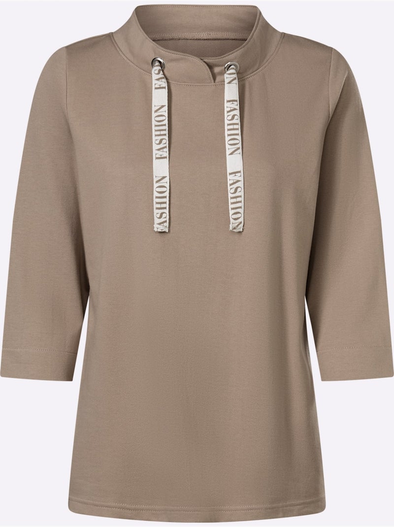 Sweatshirt féminin à col montant et manches 3/4 avec lien à nouer - Taille standard - Moda Vilona Beige - Kiabi