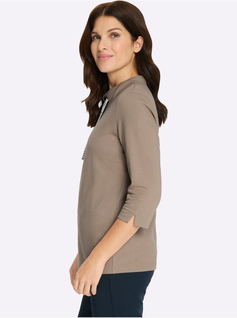 Sweatshirt féminin à col montant et manches 3/4 avec lien à nouer - Taille standard - Moda Vilona Beige - Kiabi