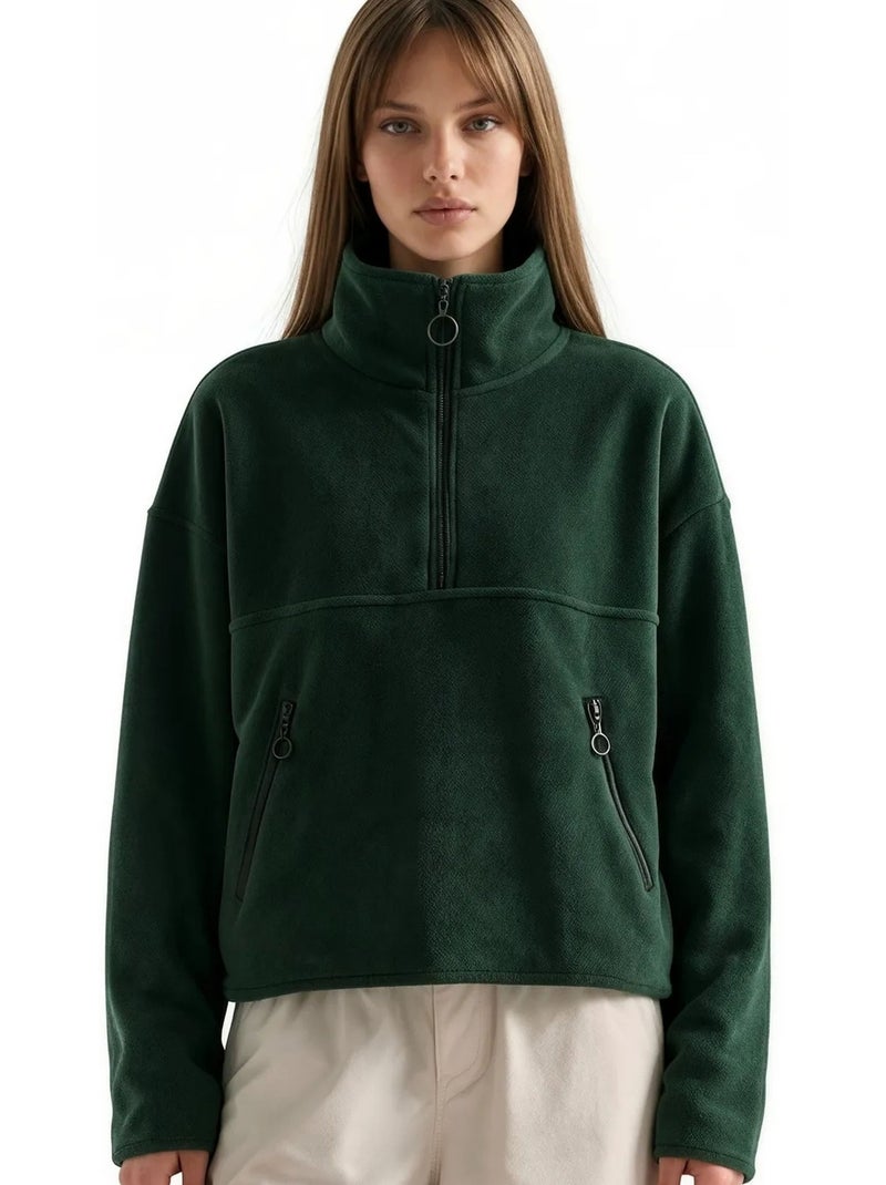 Sweatshirt femme court à demi-zip busem Vert foncé - Kiabi