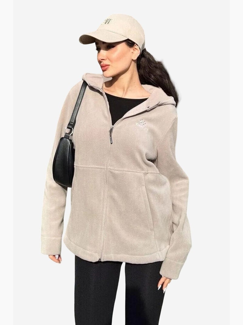 Sweatshirt femme en peluche à capuche et zip tommy Beige argile - Kiabi