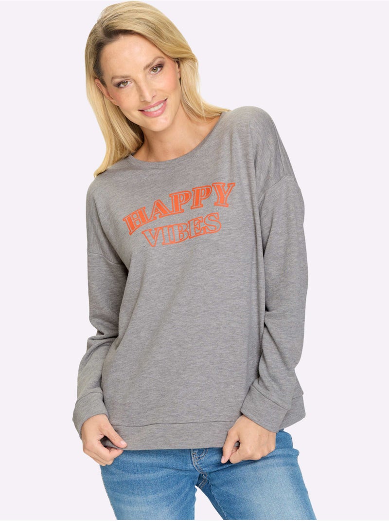 Sweatshirt Impression Caoutchoutée Douce - Taille Standard - Helline Gris chiné - Kiabi