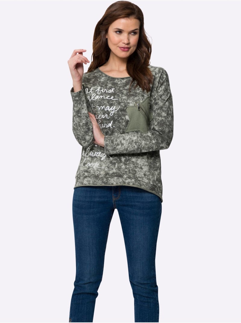 Sweatshirt Joli Aspect Batik - Taille Standard - Helline Vert kaki - Kiabi