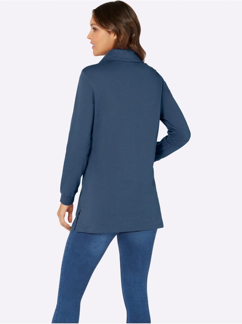 Sweatshirt long à col transformable et manches longues - taille standard - moda vilona Bleu jean - Kiabi