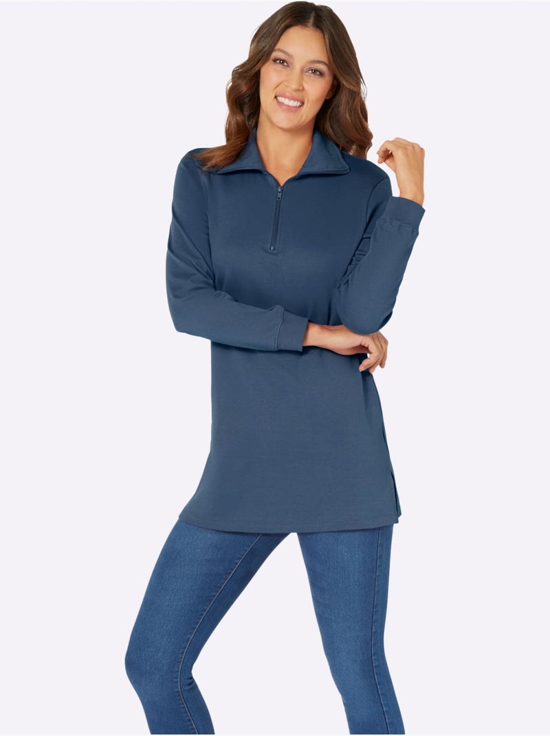 Sweatshirt long à col transformable et manches longues - taille standard - moda vilona Bleu jean - Kiabi
