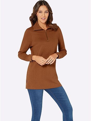 Sweatshirt long à col transformable et manches longues en interlock - taille standard - moda vilona