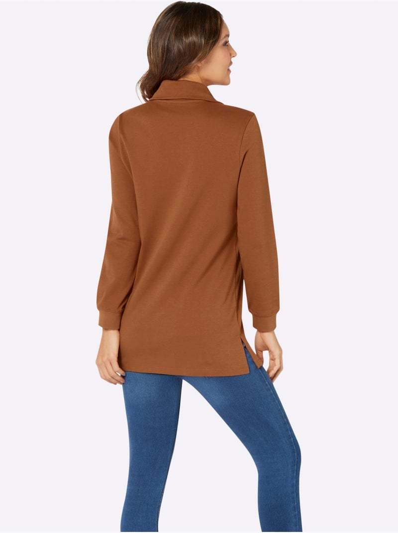 Sweatshirt long à col transformable et manches longues en interlock - taille standard - moda vilona Ambre - Kiabi