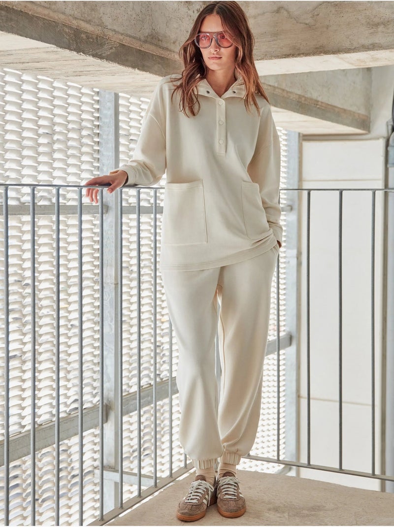Sweatshirt molletonnée oversize col boutons Beige - Kiabi