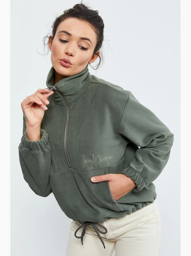 Sweatshirt oversize en maille pelucheuse à demi-zip tommy Kaki - Kiabi