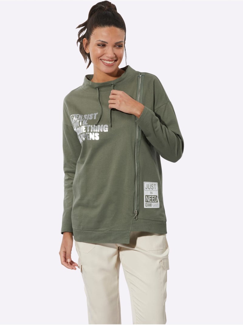 Sweatshirt Pur Coton - Taille Standard - Moda Vilona Kaki - Kiabi