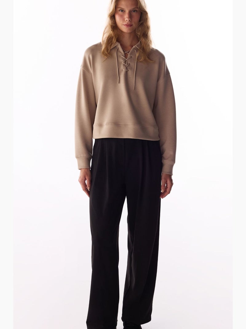 Sweatshirt silky touch à lacets et manches longues penti Beige argile - Kiabi