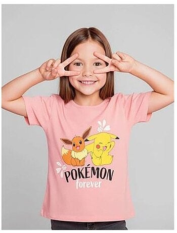 T-shirt - pokémon - t-shirt fille - 100% coton - rose - manches courtes