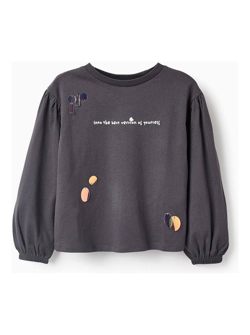 T-shirt 100% coton, avec impression, paillettes et sequins DAISY Gris foncé - Kiabi