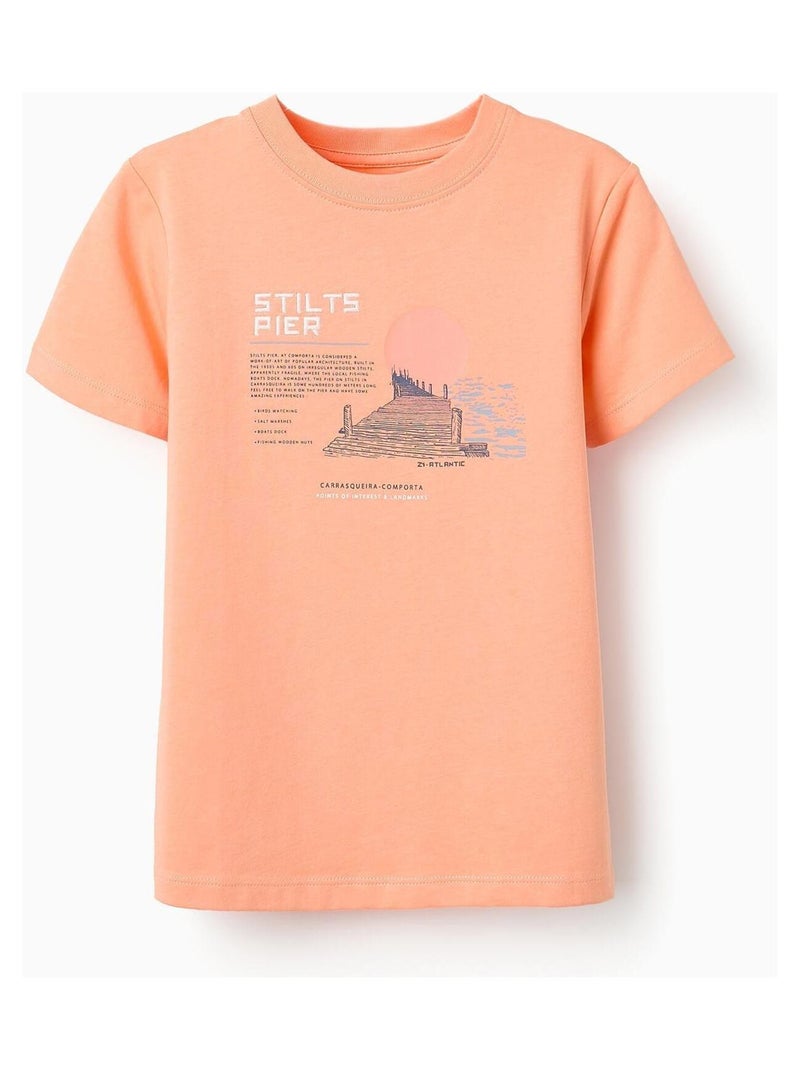 T-shirt 100% coton, avec imprimé ATLANTIC COMPANY Blanc Orange clair - Kiabi