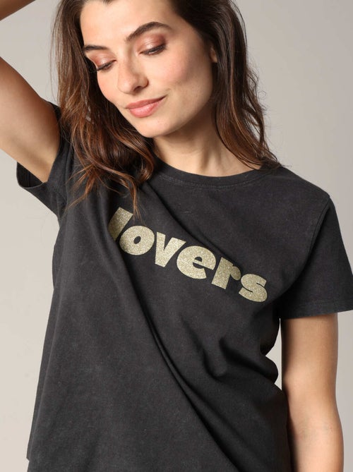 T-shirt 100 % coton avec imprimé LOVERS pailleté 'Deeluxe' - Kiabi