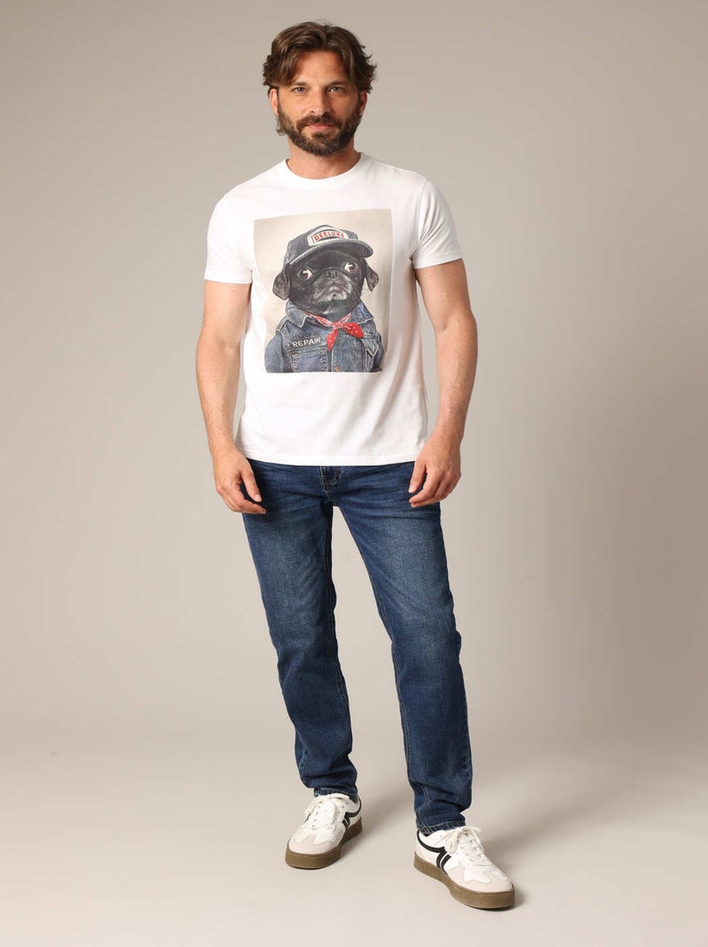 T-shirt 100 % coton avec imprimé original « chien en veste de mécanicien » 'Deeluxe' Ecru - Kiabi