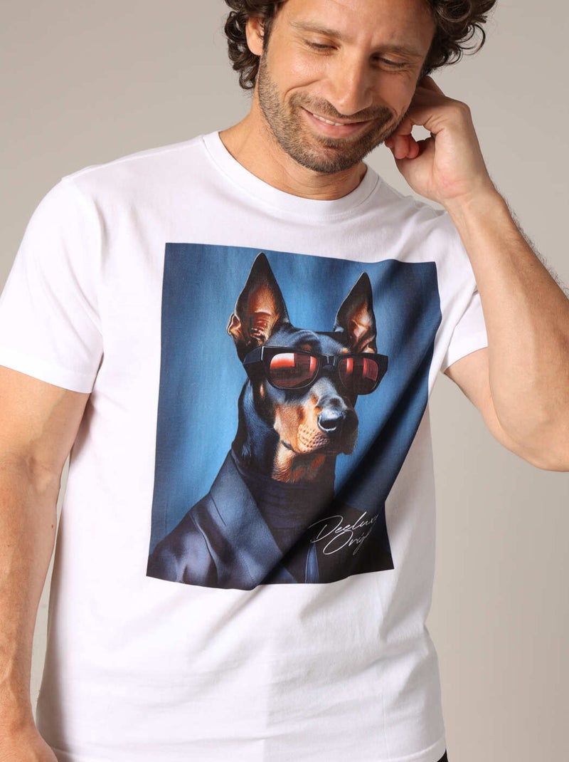 T-shirt 100% coton avec imprimé original d'un chien en costume et lunettes 'Deeluxe' Blanc - Kiabi