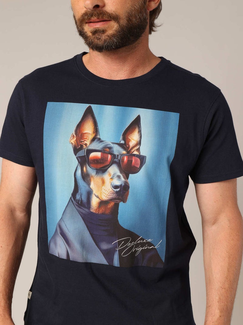 T-shirt 100% coton avec imprimé original d'un chien en costume et lunettes 'Deeluxe' Bleu nuit - Kiabi