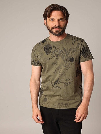 T-shirt 100% coton avec imprimé végétal et têtes de mort intégrées 'Deeluxe'