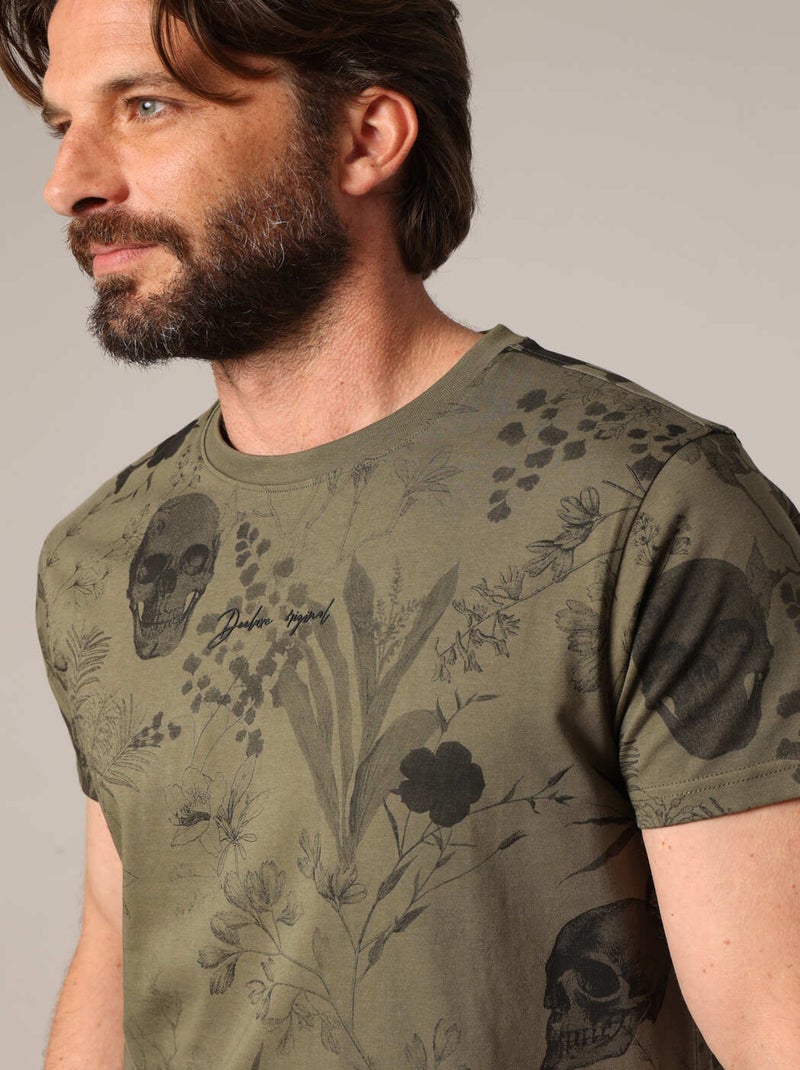 T-shirt 100% coton avec imprimé végétal et têtes de mort intégrées 'Deeluxe' Vert bouteille - Kiabi