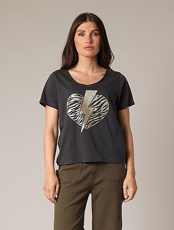 T-shirt 100 % coton avec motif cœur zèbre et éclair pailleté 'Deeluxe'