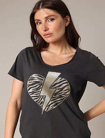 T-shirt 100 % coton avec motif cœur zèbre et éclair pailleté 'Deeluxe'