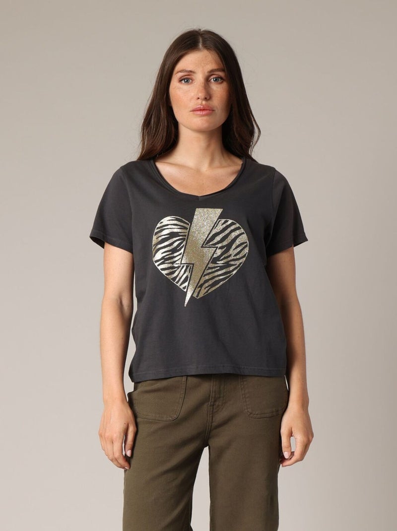 T-shirt  100 % coton, motif cœur zébré et éclair pailleté 'Deeluxe' gris anthracite - Kiabi