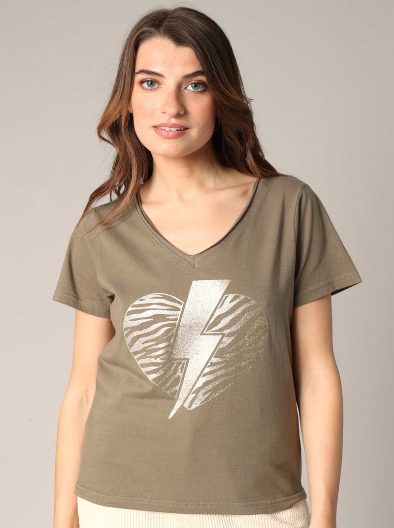 T-shirt  100 % coton, motif cœur zébré et éclair pailleté 'Deeluxe' Vert kaki clair - Kiabi