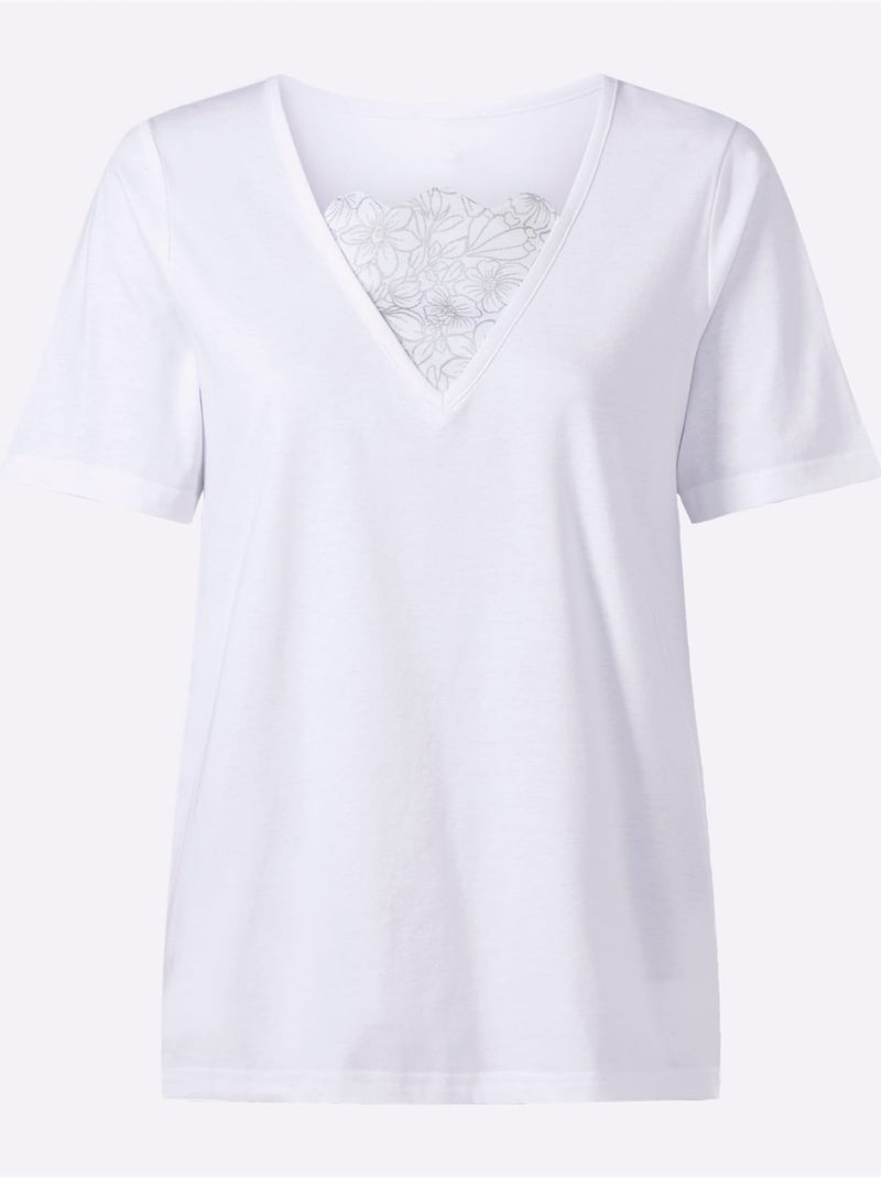T-shirt 2 en 1 à col V avec empiècement floral et manches courtes - Taille standard - Moda Vilona Ecru - Kiabi