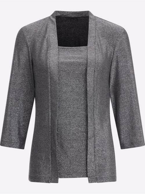 T-shirt 2 en 1 à encolure ronde et manches 3/4 avec look brillant - Taille standard - Moda Vilona - Kiabi