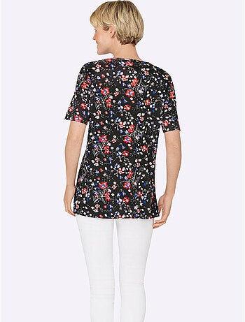 T-shirt 2 en 1 à motif floral avec col V et manches courtes - Taille standard - Moda Vilona