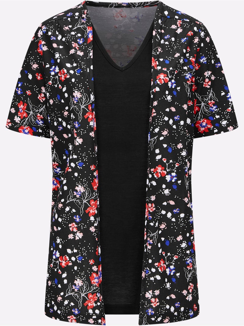 T-shirt 2 en 1 à motif floral avec col V et manches courtes - Taille standard - Moda Vilona Noir Rouge - Kiabi