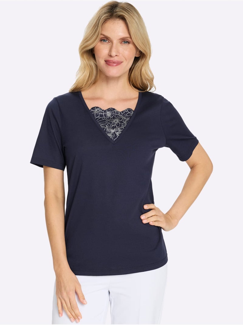 T-shirt 2 en 1 avec col V et imprimé floral brillant - Taille standard - Moda Vilona Bleu marine - Kiabi