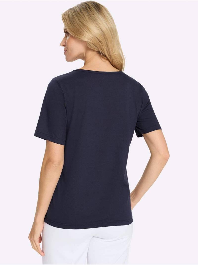 T-shirt 2 en 1 avec col V et imprimé floral brillant - Taille standard - Moda Vilona Bleu marine - Kiabi