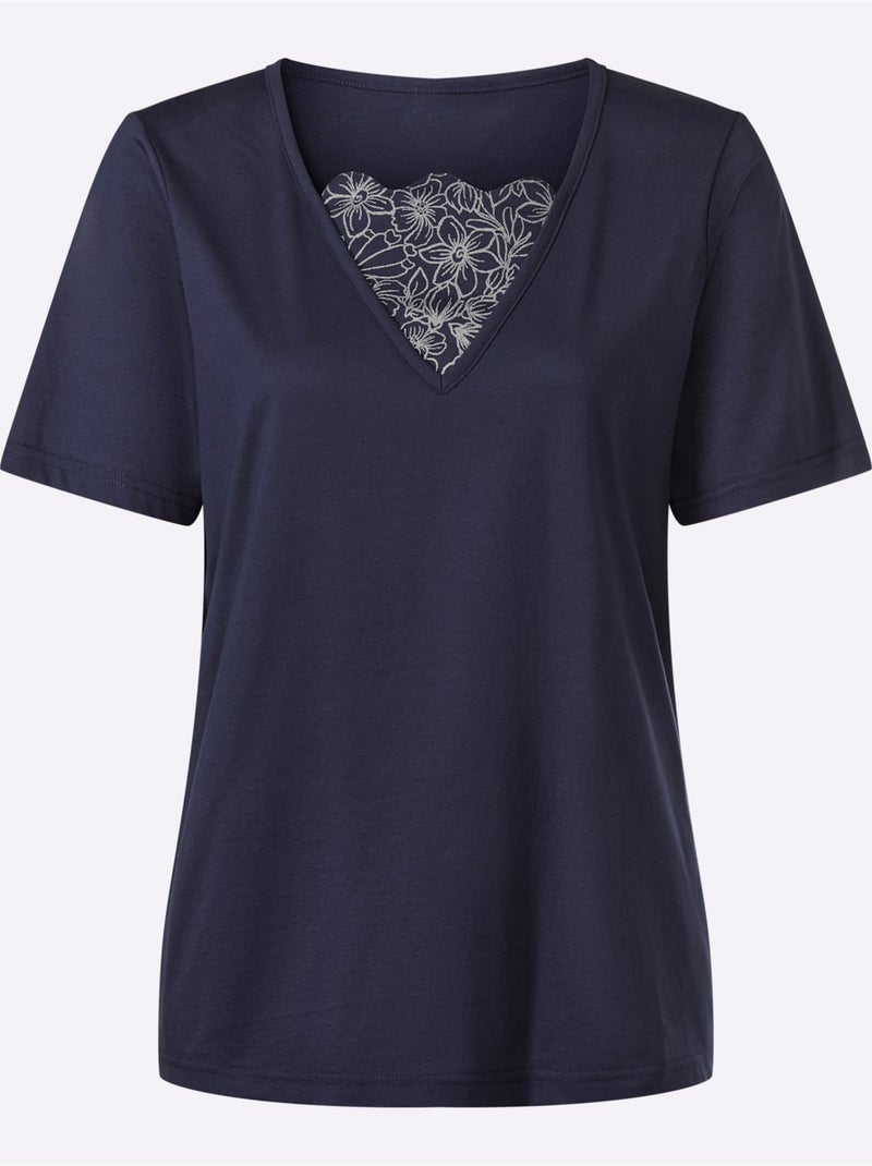 T-shirt 2 en 1 avec col V et imprimé floral brillant - Taille standard - Moda Vilona Bleu marine - Kiabi