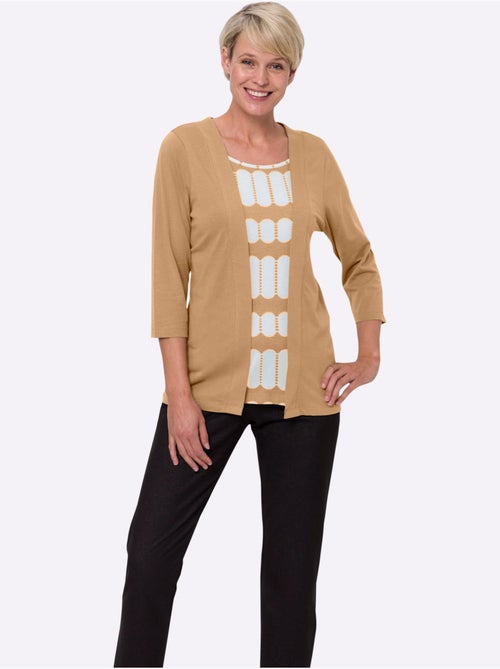 T-shirt 2 en 1 avec empiècement imprimé et manches 3/4 - Taille standard - Moda Vilona - Kiabi
