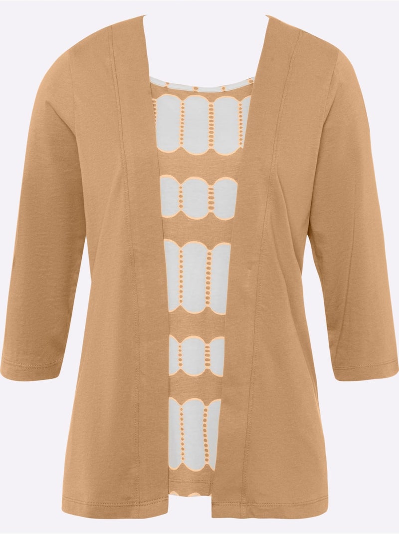 T-shirt 2 en 1 avec empiècement imprimé et manches 3/4 - Taille standard - Moda Vilona Doré - Kiabi
