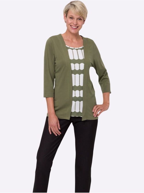 T-shirt 2 en 1 avec empiècement imprimé et manches 3/4 - Taille standard - Moda Vilona - Kiabi T-shirt 2 en 1 avec empiècement imprimé et manches 3/4 - Taille standard - Moda Vilona - Kiabi