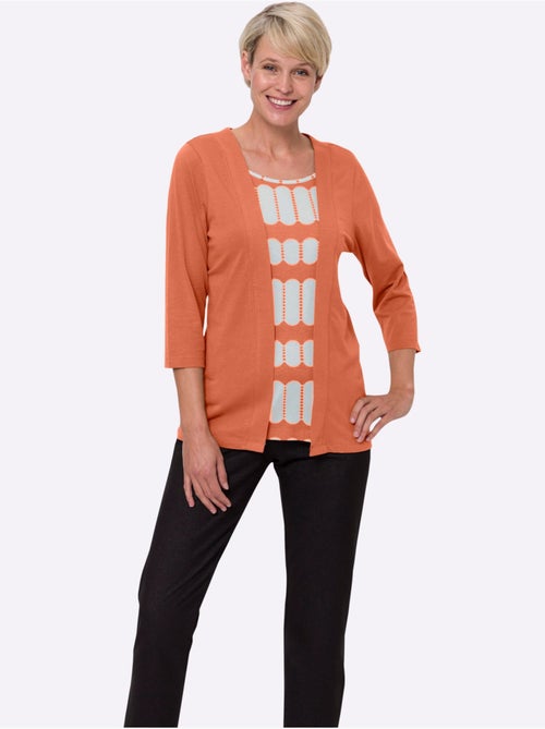 T-shirt 2 en 1 avec empiècement imprimé et manches 3/4 - Taille standard - Moda Vilona - Kiabi T-shirt 2 en 1 avec empiècement imprimé et manches 3/4 - Taille standard - Moda Vilona - Kiabi
