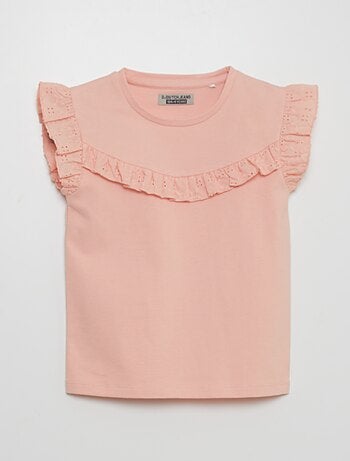 Mini Boden - Haut Fille Manches Courtes - Rose à Rayures Avec Broderie - 100% Coton
