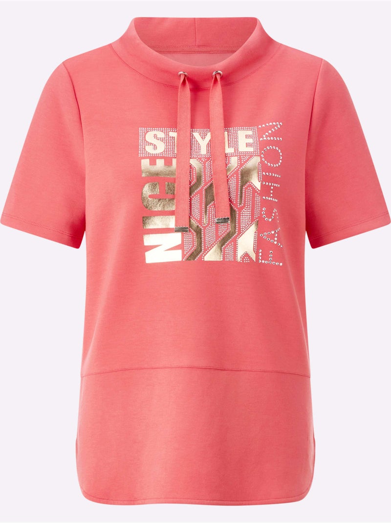 T shirt à capuche manches courtes avec imprimé graphique devant - Taille standard - Witt Corail - Kiabi