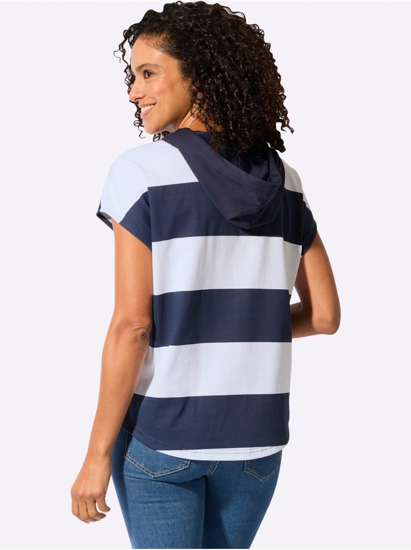 T-shirt à Capuche Pur Coton - Taille Standard - Witt Blanc/Marine - Kiabi