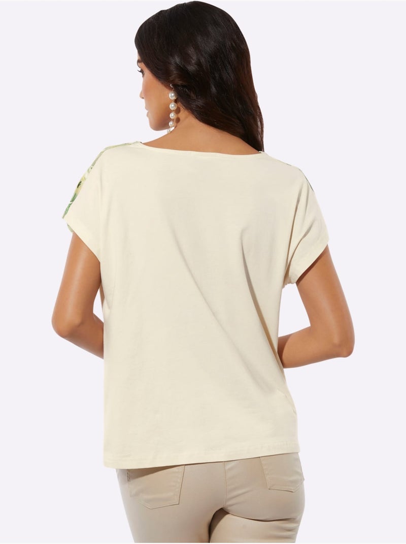 T-shirt à Col Bénitier 95% Viscose (ecovero) - Taille Standard - Helline Blanc Vert - Kiabi