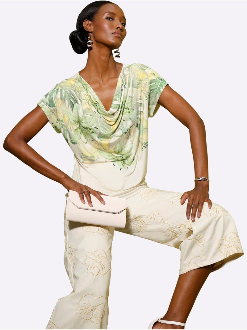 T-shirt à Col Bénitier 95% Viscose (ecovero) - Taille Standard - Helline Blanc Vert - Kiabi