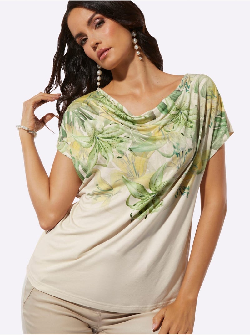 T-shirt à Col Bénitier 95% Viscose (ecovero) - Taille Standard - Helline Blanc Vert - Kiabi