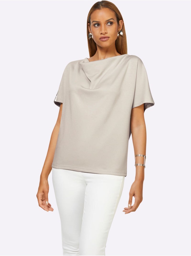 T-shirt à Col Bénitier Mélange De Modal Doux - Taille Standard - Helline Gris Argenté - Kiabi